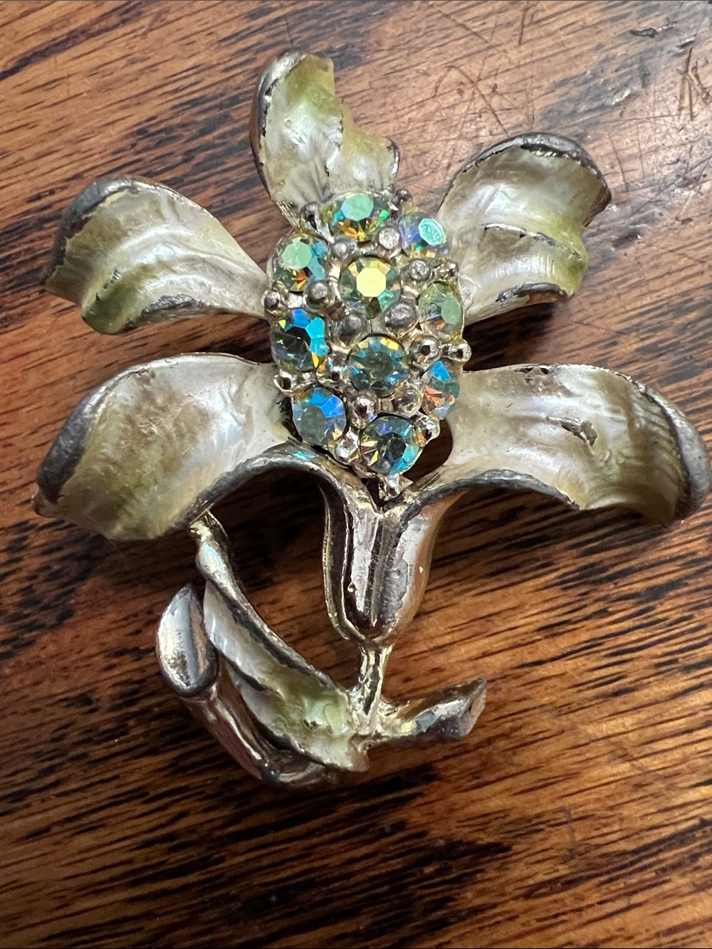 Vintage Floral Brooch Lapel Pin Aurora Borealis Rhinestones Distressed Jewelry